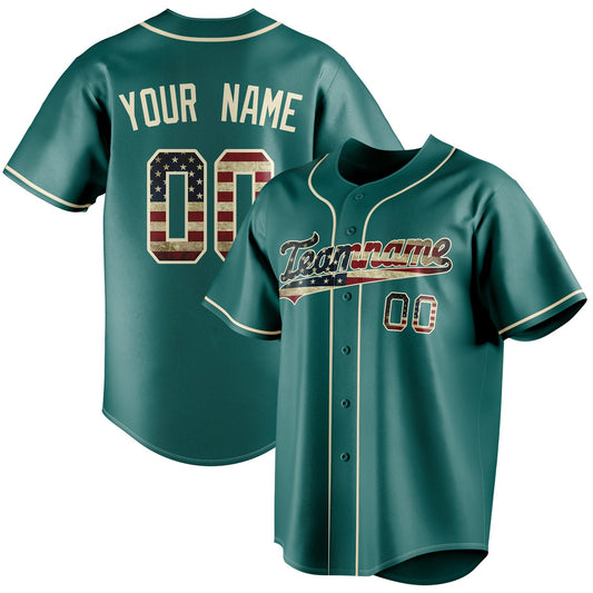 Personalized Teal & Cream Vintage USA Flag Fan Baseball Jersey BB01240530CK331