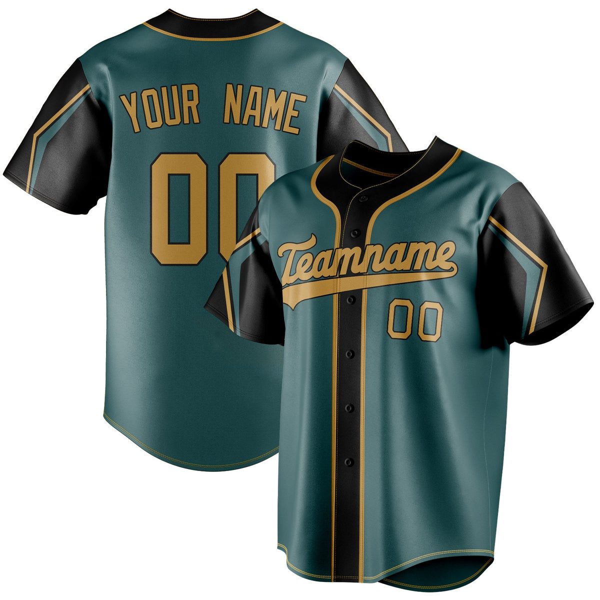 Personalized Midnight Green & Olg Gold 3 Colors Arm Shapes Fan Baseball Jersey BB01240531JZ441